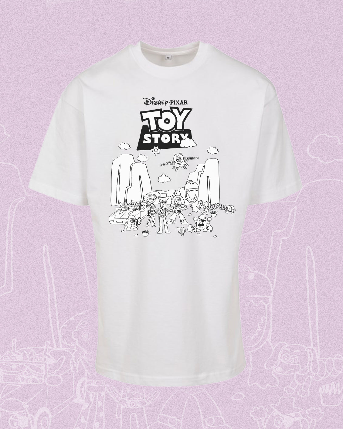 TOY STORY DOODLE black graphic on a DROP SHOULDER TEE in white colour
