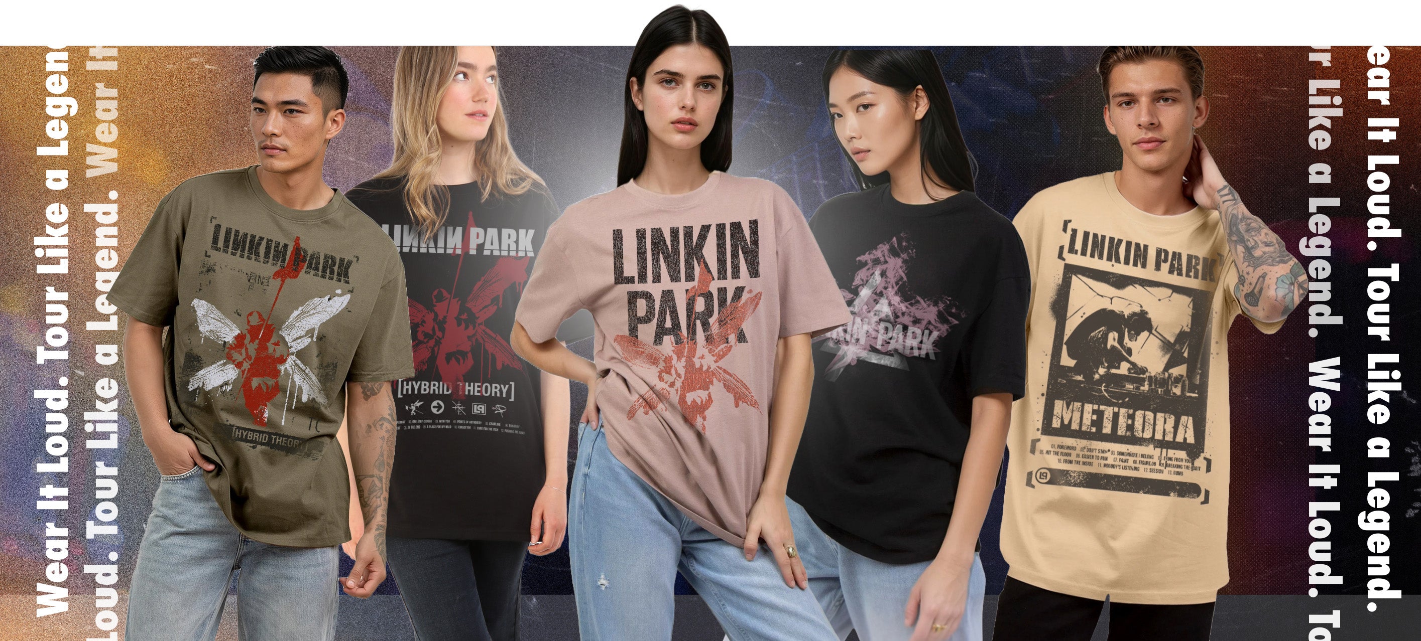 People wearing Linkin Park t-shirts with promotional text in the background