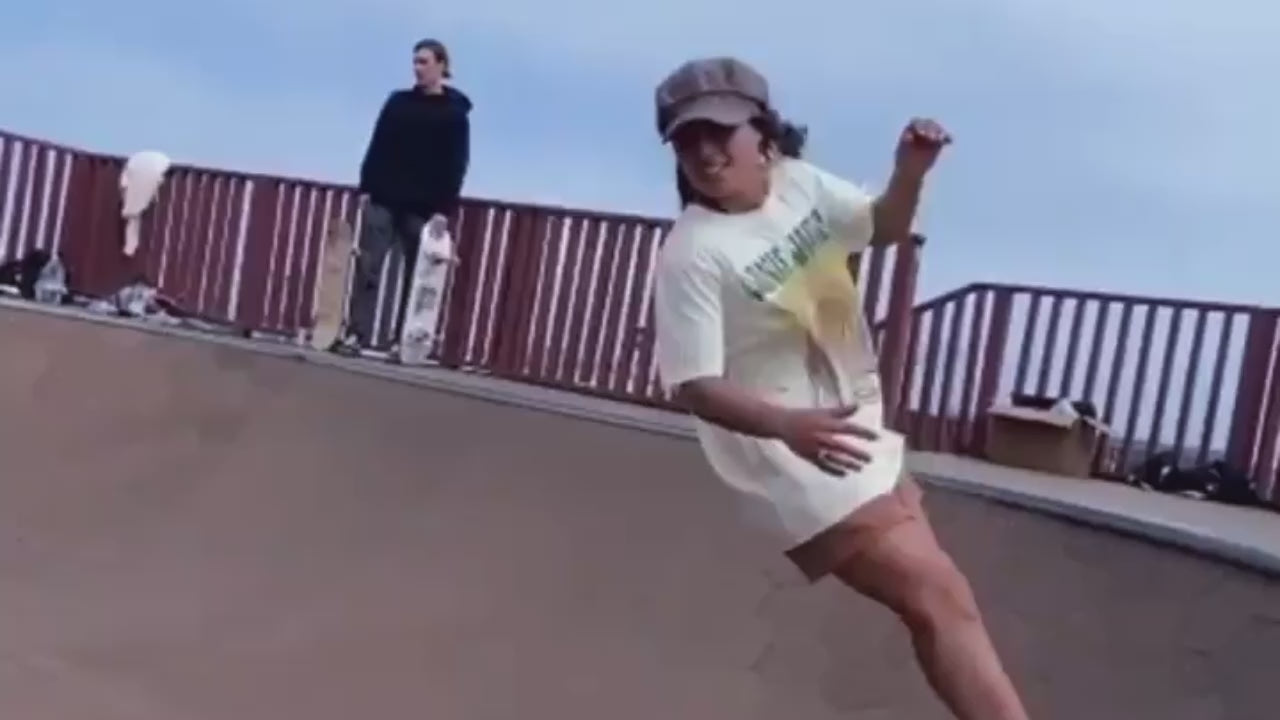 Load video: An LA girl in skateboard park, wearing Janis Joplin SUPACULT tee.